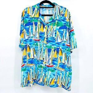 Vintage Liz Claiborne Blouse Top Sailboat Print Blue White Size L